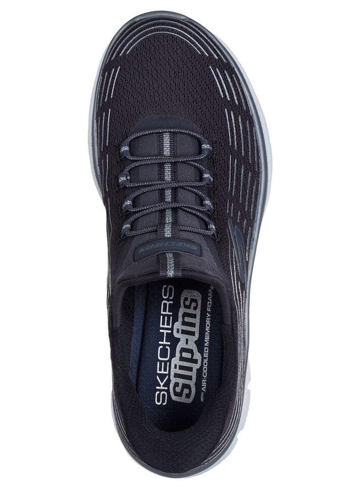 SKECHERS, stylische Damen-Sneaker, mit geformter Slip-Ins Fersenplatte DUNKELBLAU-SILBER